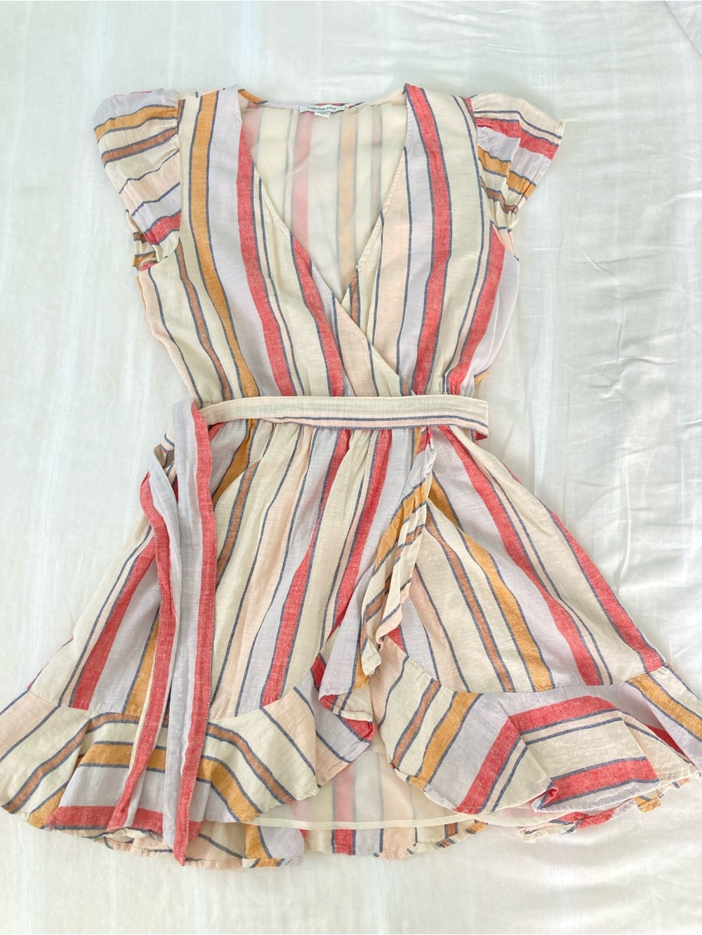 American Eagle Outfitters Striped Cotton Linen Blend Ruffled Dress size S